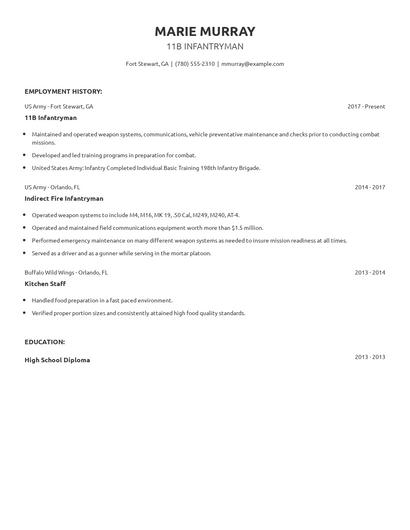 11B Infantryman Resume