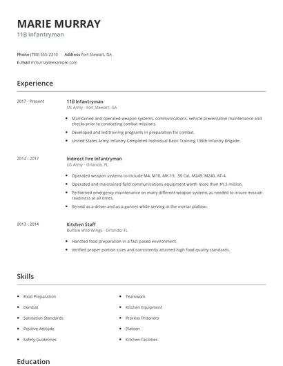 11B Infantryman Resume