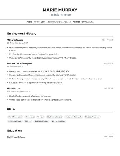 11B Infantryman Resume