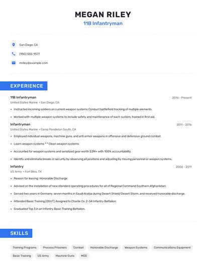 11B Infantryman Resume