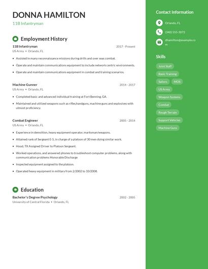 11B Infantryman Resume
