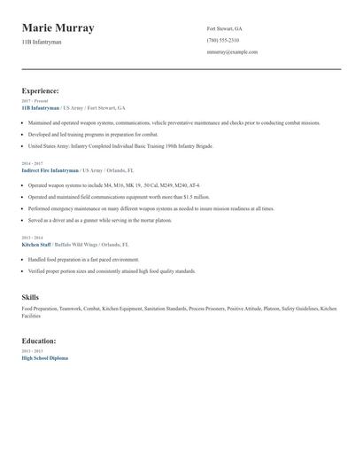 11B Infantryman Resume