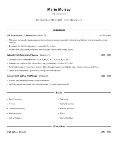 11B Infantryman Resume