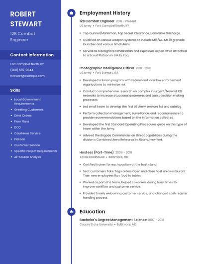 12B Combat Engineer Resume