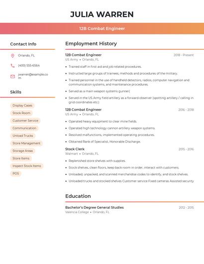 12B Combat Engineer Resume