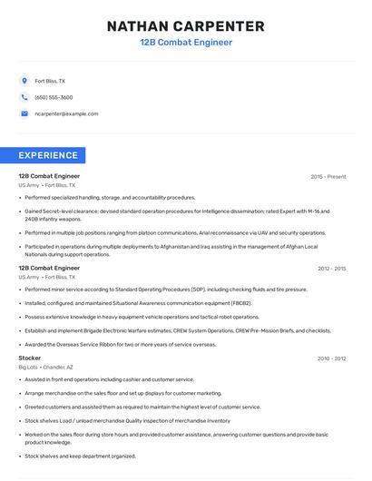 12B Combat Engineer Resume
