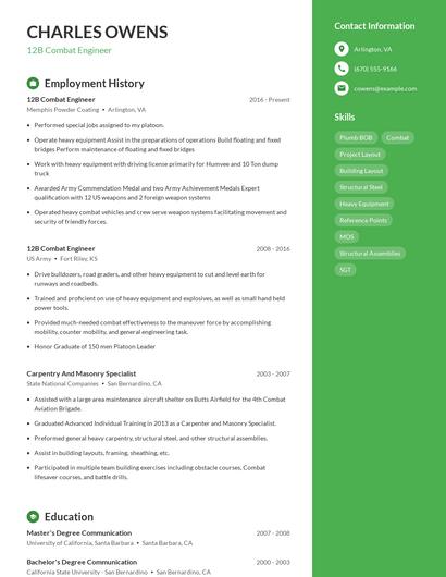 12B Combat Engineer Resume