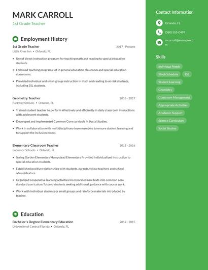 1st Grade Teacher Resume