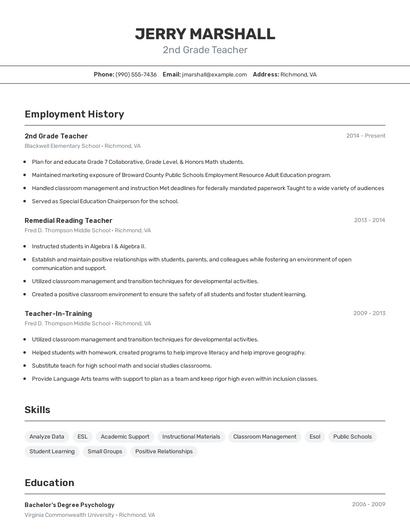 2nd Grade Teacher Resume
