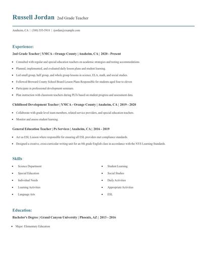 2nd Grade Teacher Resume