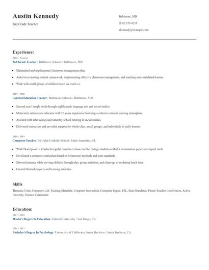 2nd Grade Teacher Resume