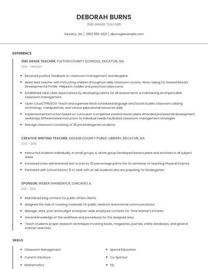 2nd Grade Teacher Resume