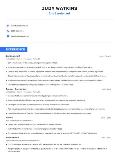 2nd Lieutenant Resume