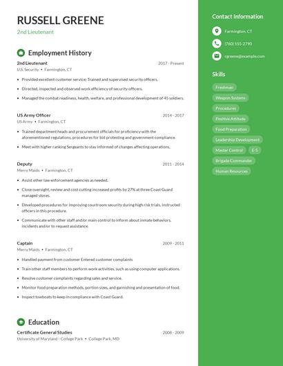 2nd Lieutenant Resume