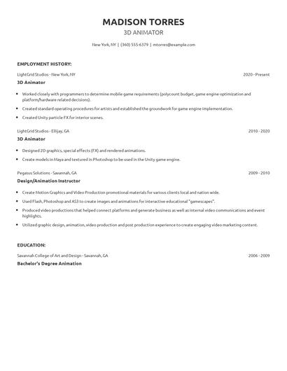 3D Animator Resume