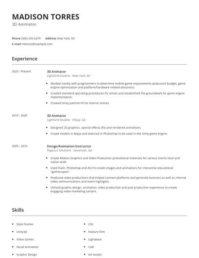 3D Animator Resume