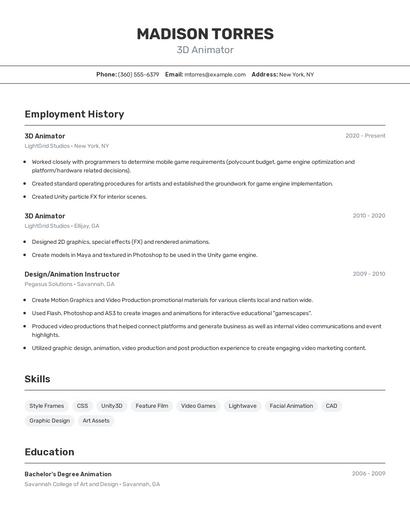 3D Animator Resume