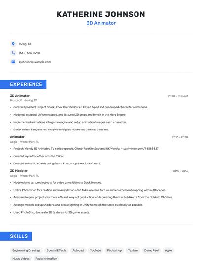 3D Animator Resume