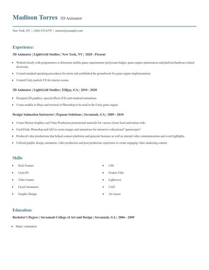 3D Animator Resume