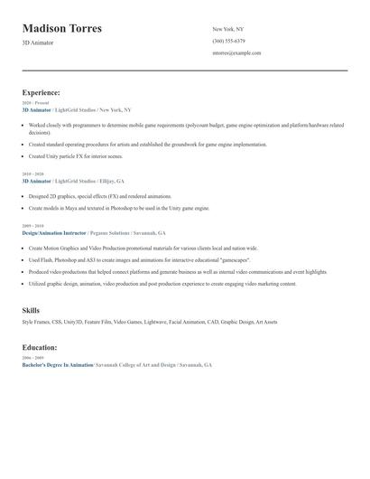 3D Animator Resume