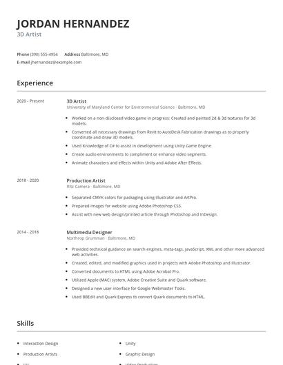 3D Artist Resume