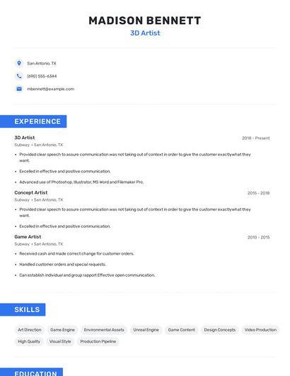 3D Artist Resume