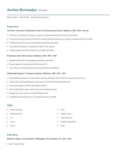 3D Artist Resume