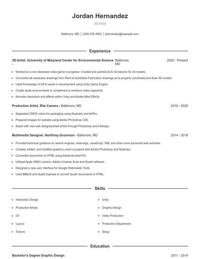 3D Artist Resume