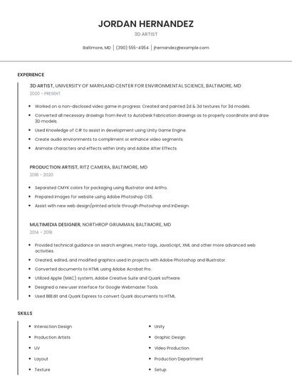 3D Artist Resume