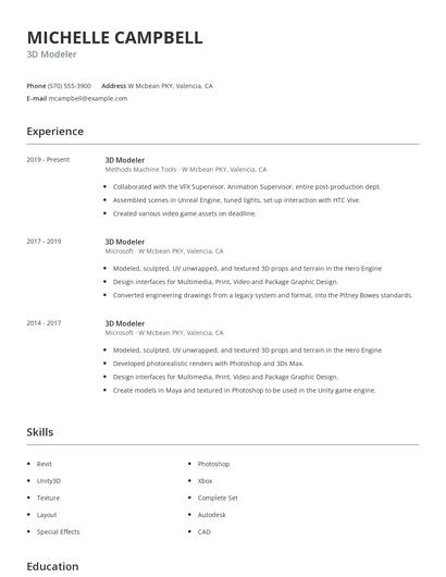 3D Modeler Resume