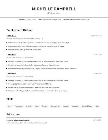 3D Modeler Resume