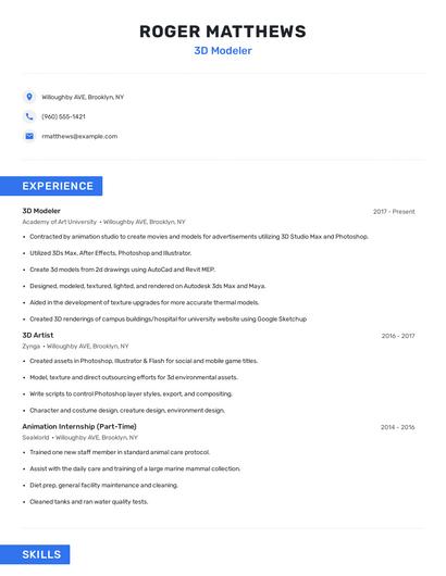 3D Modeler Resume