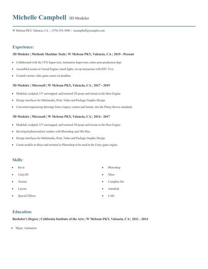 3D Modeler Resume