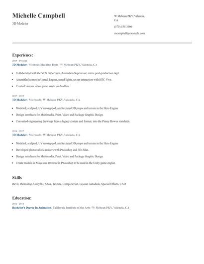 3D Modeler Resume