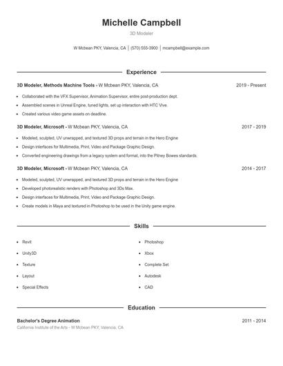 3D Modeler Resume