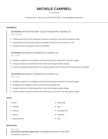 3D Modeler Resume