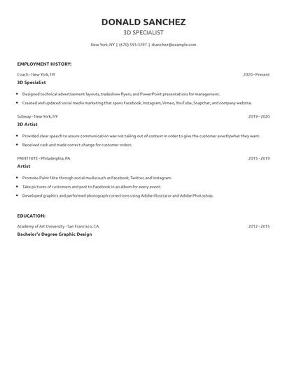 3D Specialist Resume