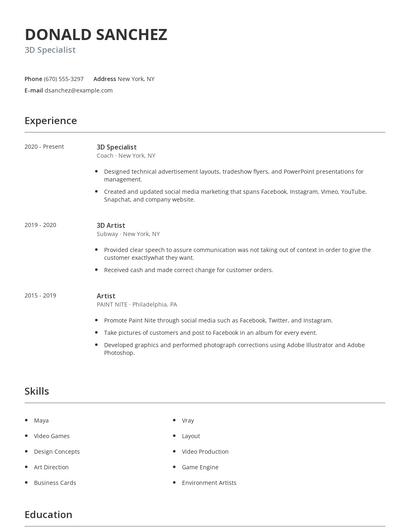 3D Specialist Resume