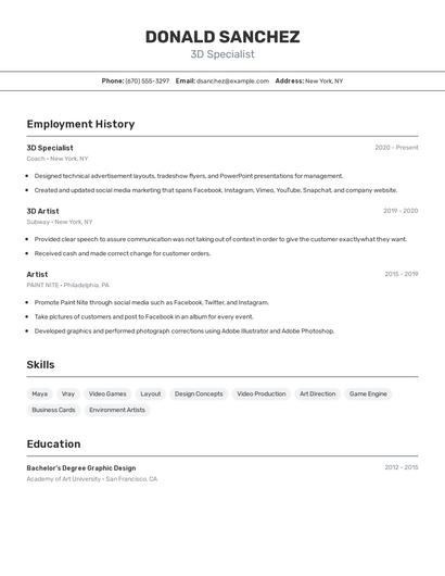 3D Specialist Resume