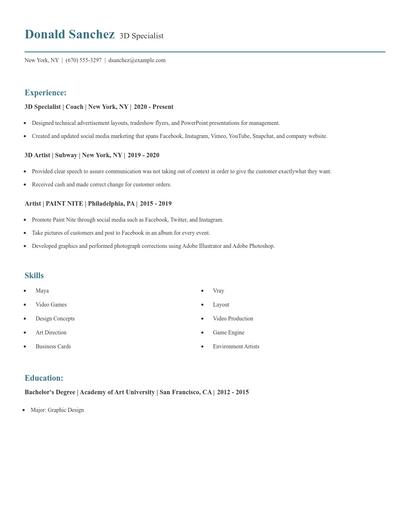3D Specialist Resume
