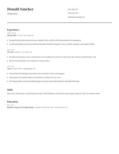 3D Specialist Resume
