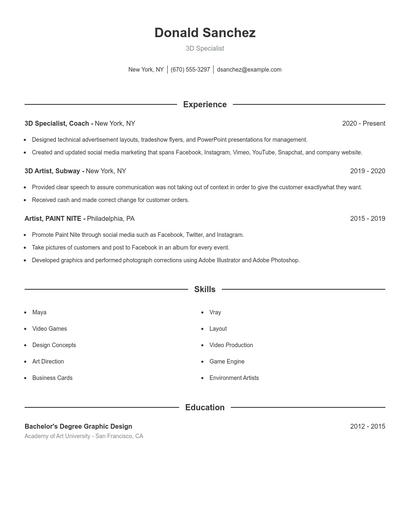 3D Specialist Resume