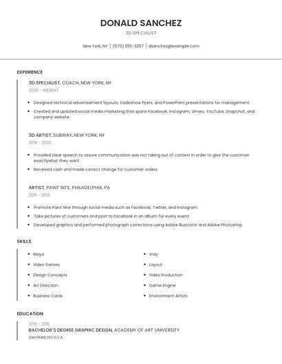 3D Specialist Resume