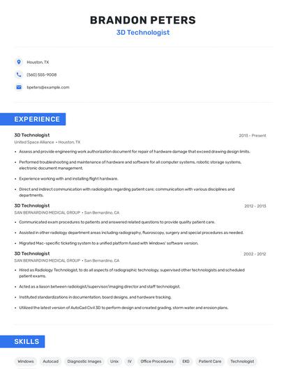 3D Technologist Resume