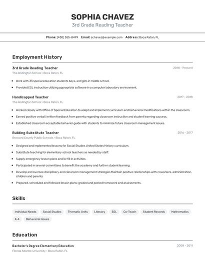 3rd Grade Reading Teacher Resume