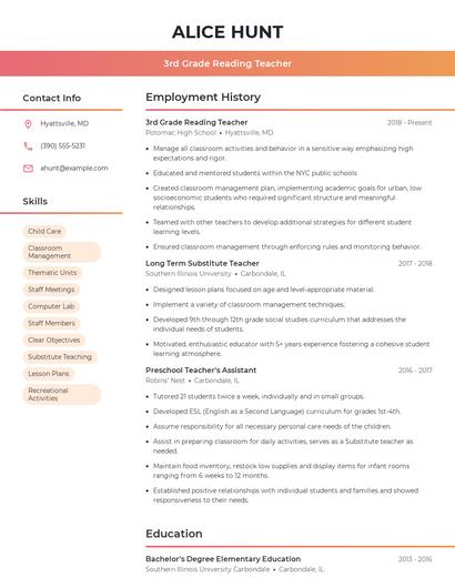 3rd Grade Reading Teacher Resume