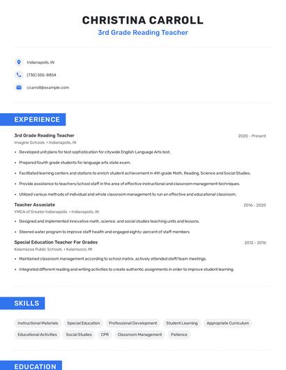 3rd Grade Reading Teacher Resume