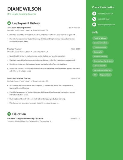 3rd Grade Reading Teacher Resume