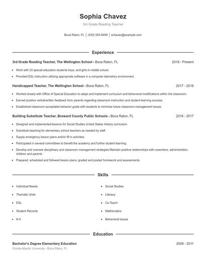 3rd Grade Reading Teacher Resume
