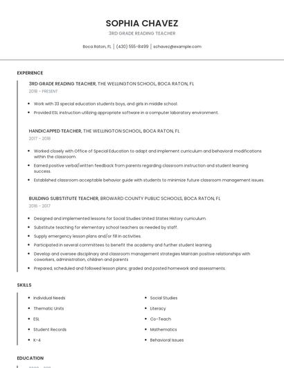 3rd Grade Reading Teacher Resume